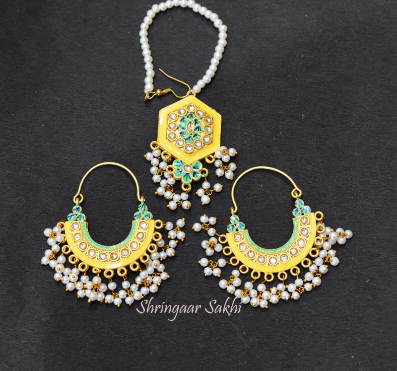 Peach Green Mahira Chandbali Maang Tikka Combo