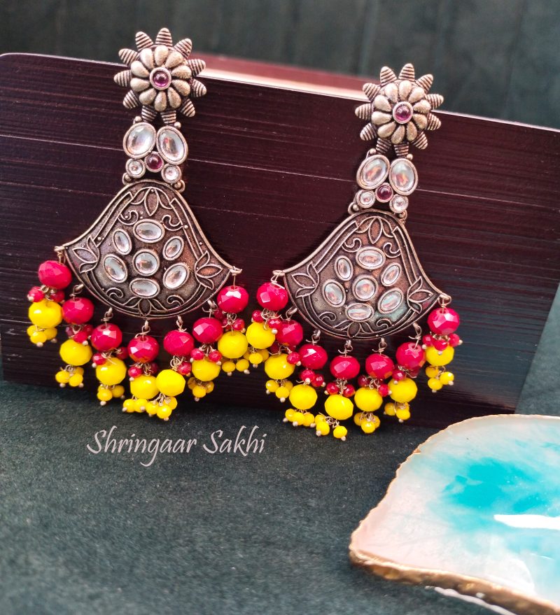 Yellow Red Ramya German Silver Earring - Image 2