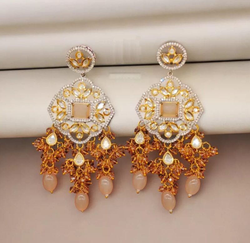 Peach Silver Rajamani Kundan AD Earring
