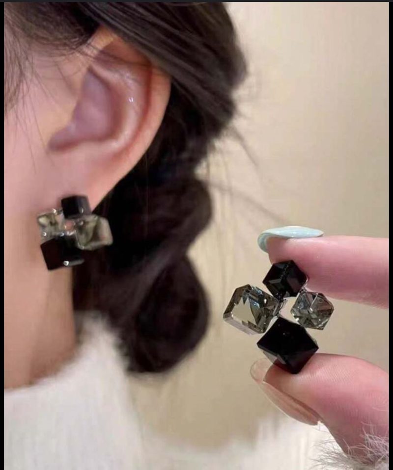 Black Silver Cube Stud Earring