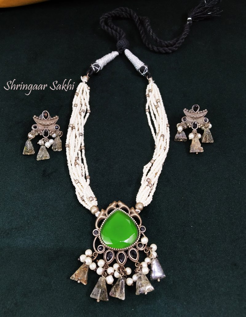 Dark Green Kimayra White Moti Set