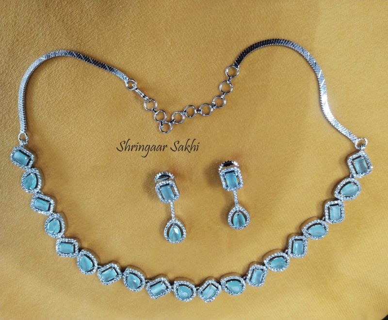 Pastel Green Valeria American Diamond Necklace Set - Image 2