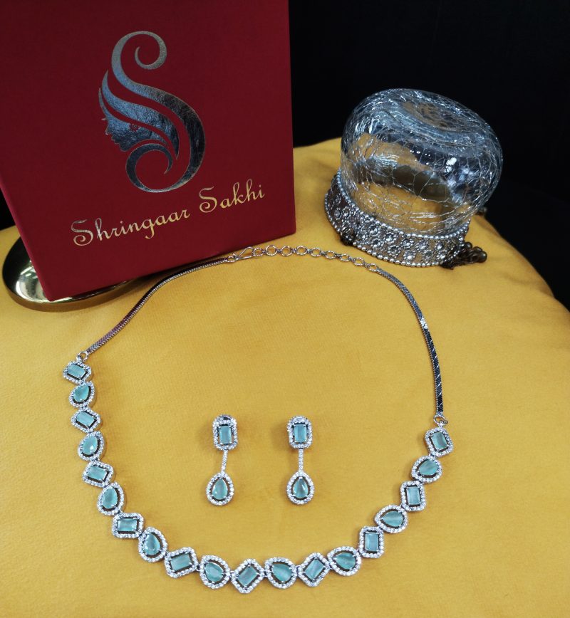 Pastel Green Valeria American Diamond Necklace Set