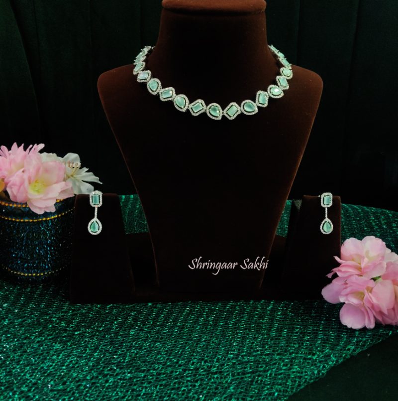 Pastel Green Valeria American Diamond Necklace Set - Image 4