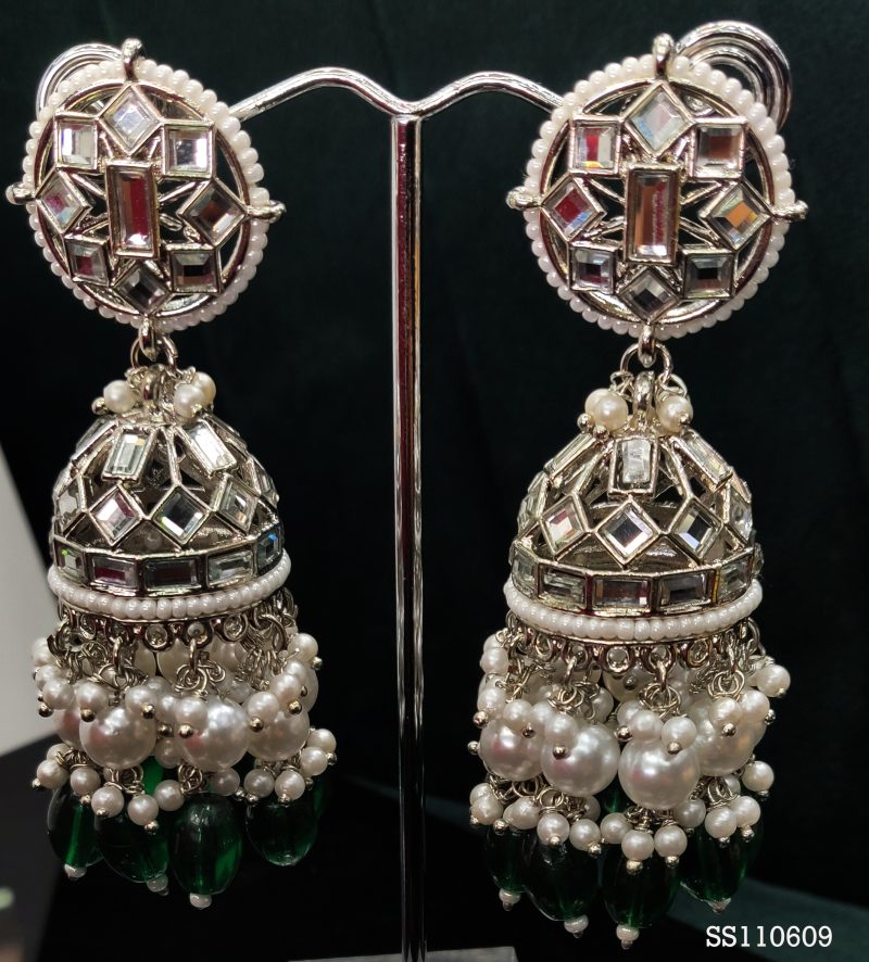 Silver Green Shirin Jhumki Earrings - Image 2