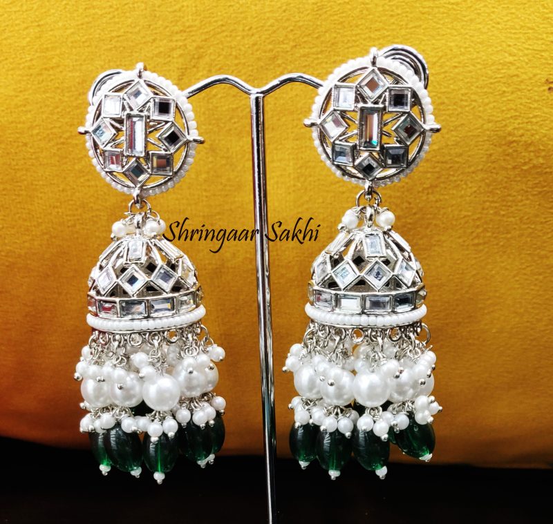 Silver Green Shirin Jhumki Earrings