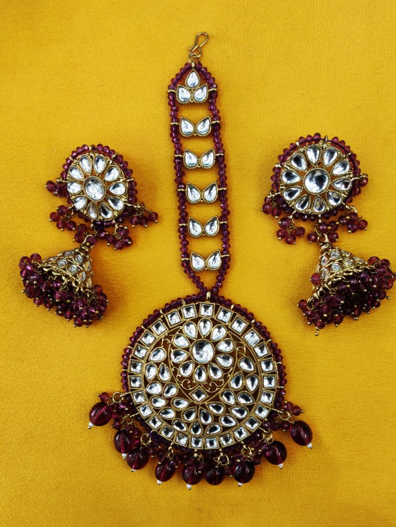 Wine Mehak Maang Tikka & Jhumki Combo - Image 3