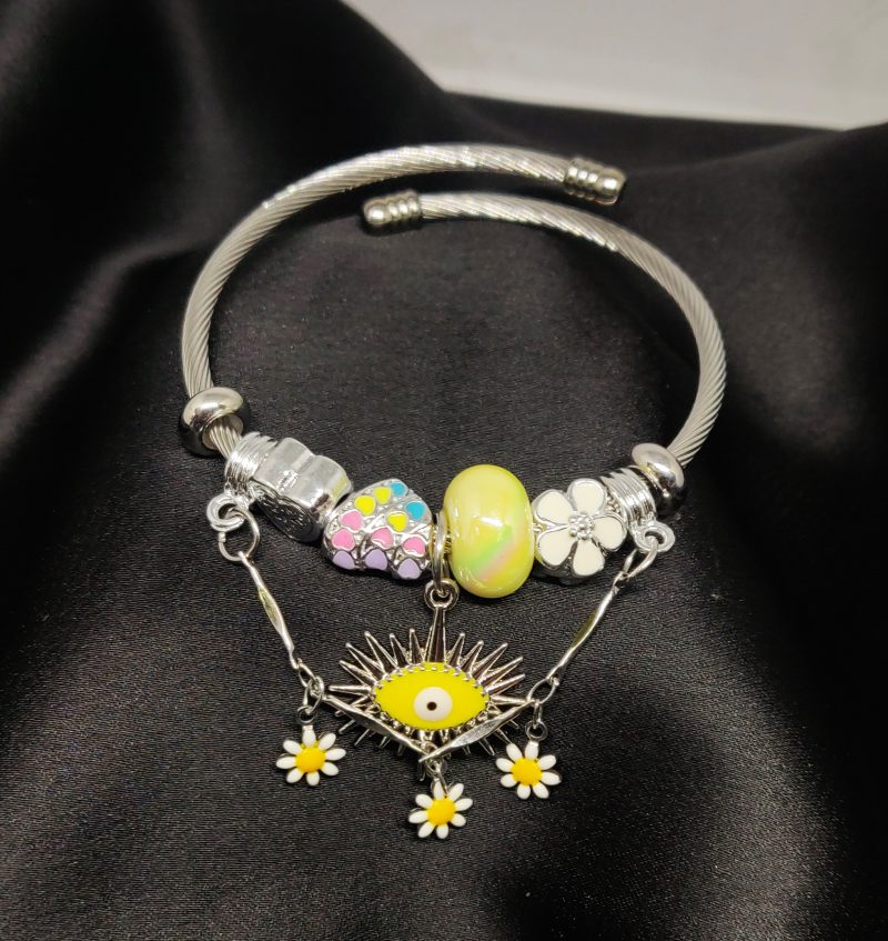 Silver Charm Bracelet With Yellow Evil Eye