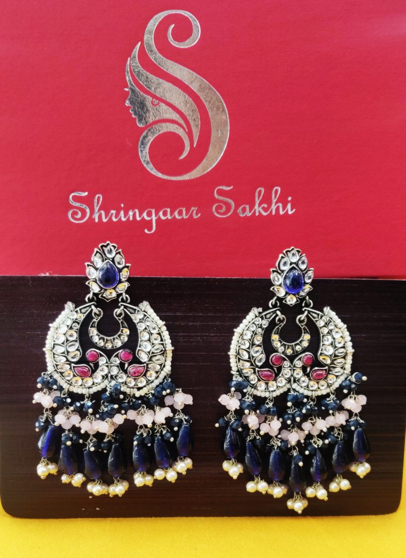 Blue Pink Chaitri Silver Kundan Earring - Image 2