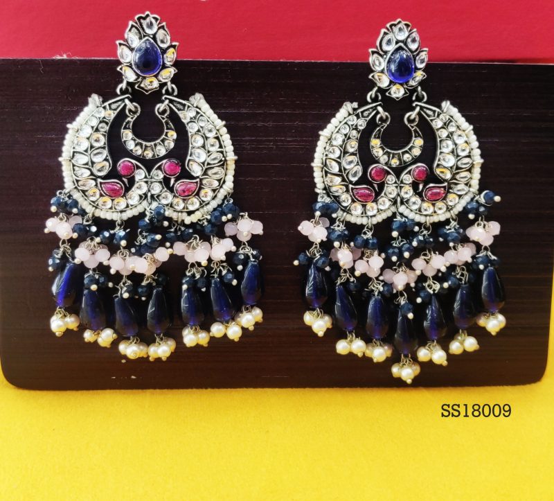 Blue Pink Chaitri Silver Kundan Earring