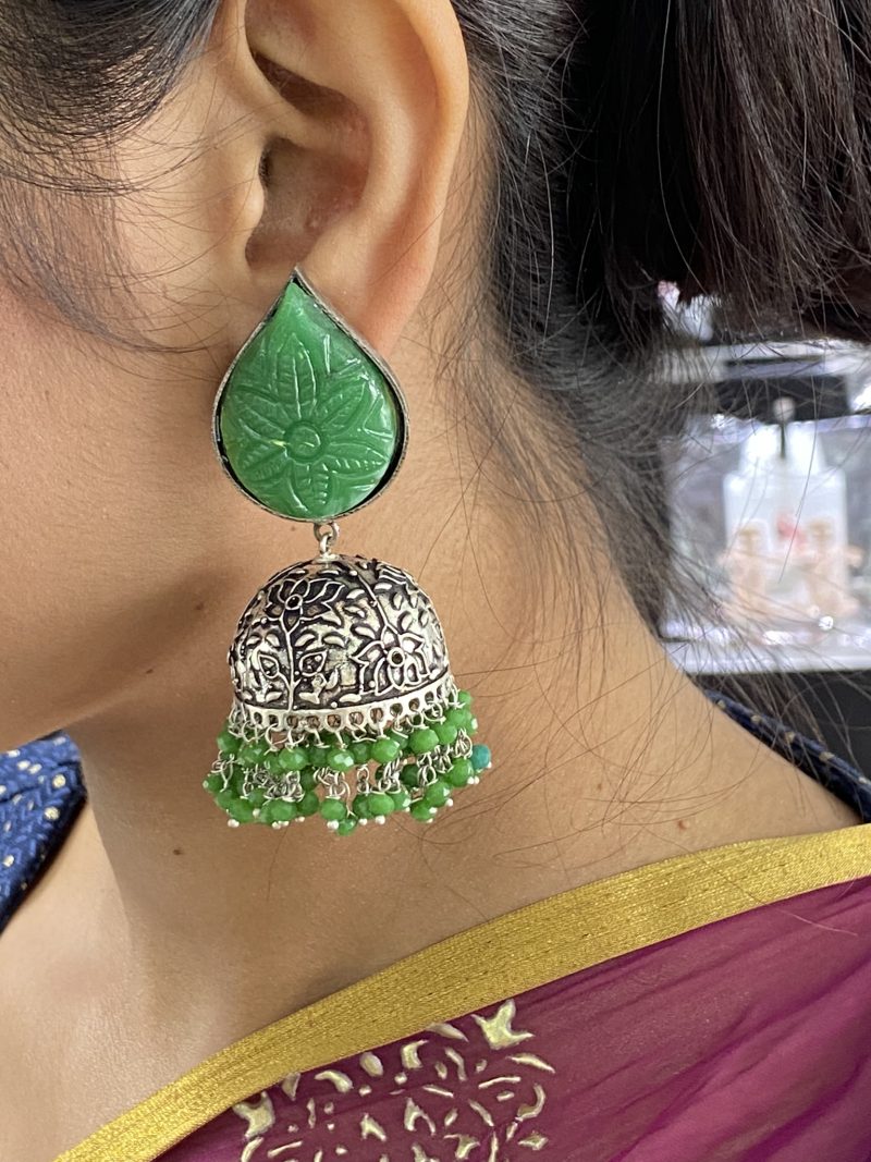 Green Aparna Carving Stone Oxidised Earring
