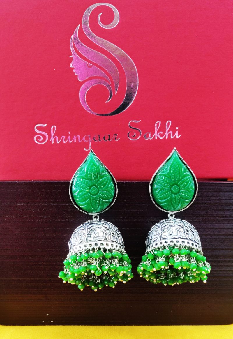 Green Aparna Carving Stone Oxidised Earring - Image 2