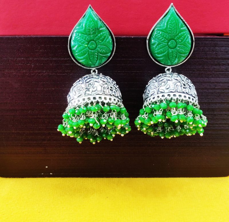 Green Aparna Carving Stone Oxidised Earring - Image 3