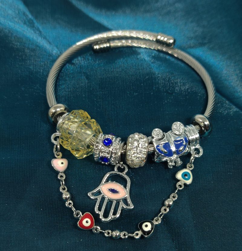 Silver Charm Bracelet With Hand Evil Eye
