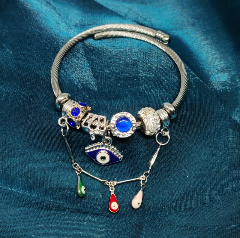 Silver Charm Bracelet With Blue Evil Eye - Image 2