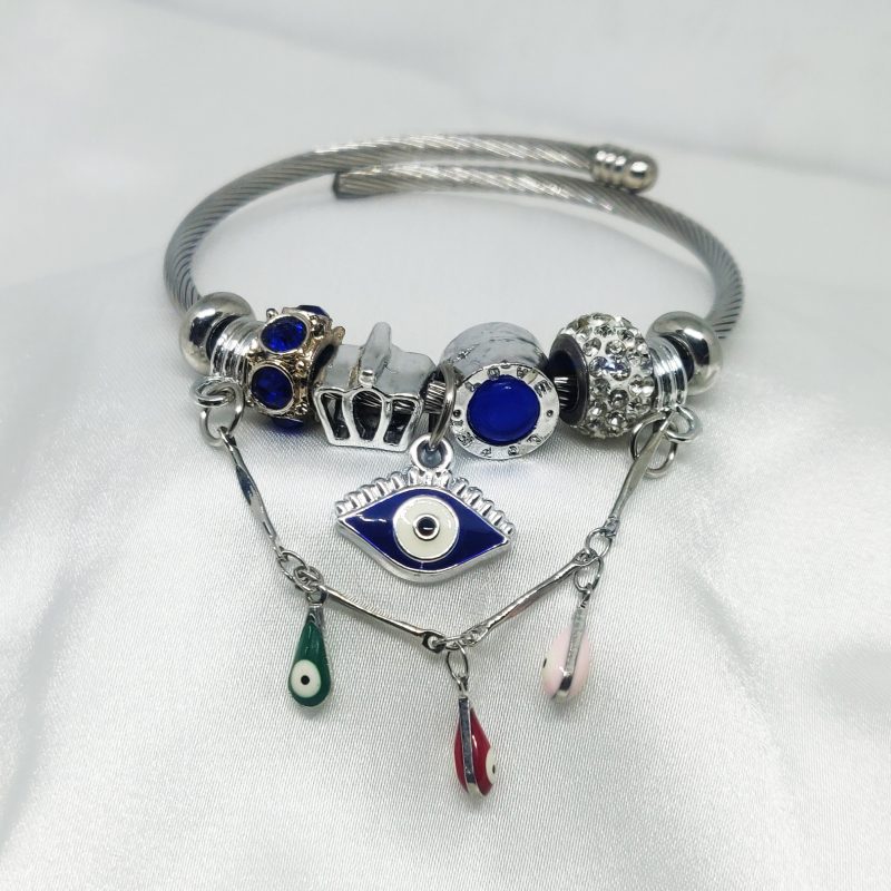 Silver Charm Bracelet With Blue Evil Eye