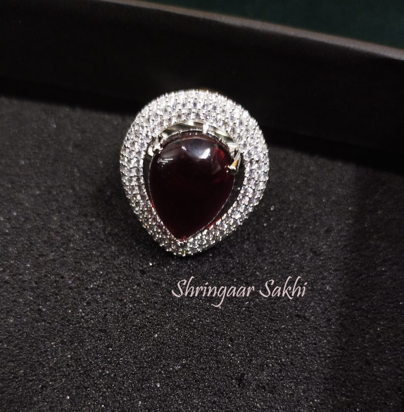 Maroon Silver Drona AD Finger Ring