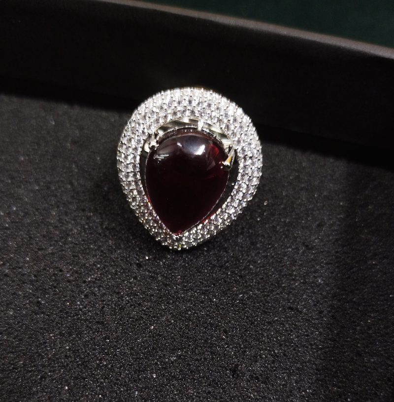 Maroon Silver Drona AD Finger Ring - Image 3