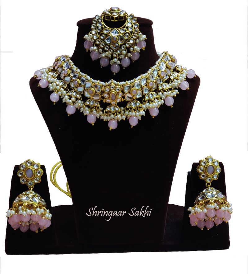 Baby Pink Golden Vanya Kundan Combo Set
