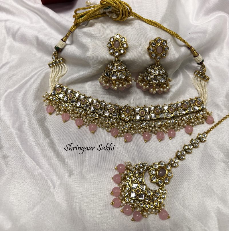 Baby Pink Golden Vanya Kundan Combo Set - Image 3