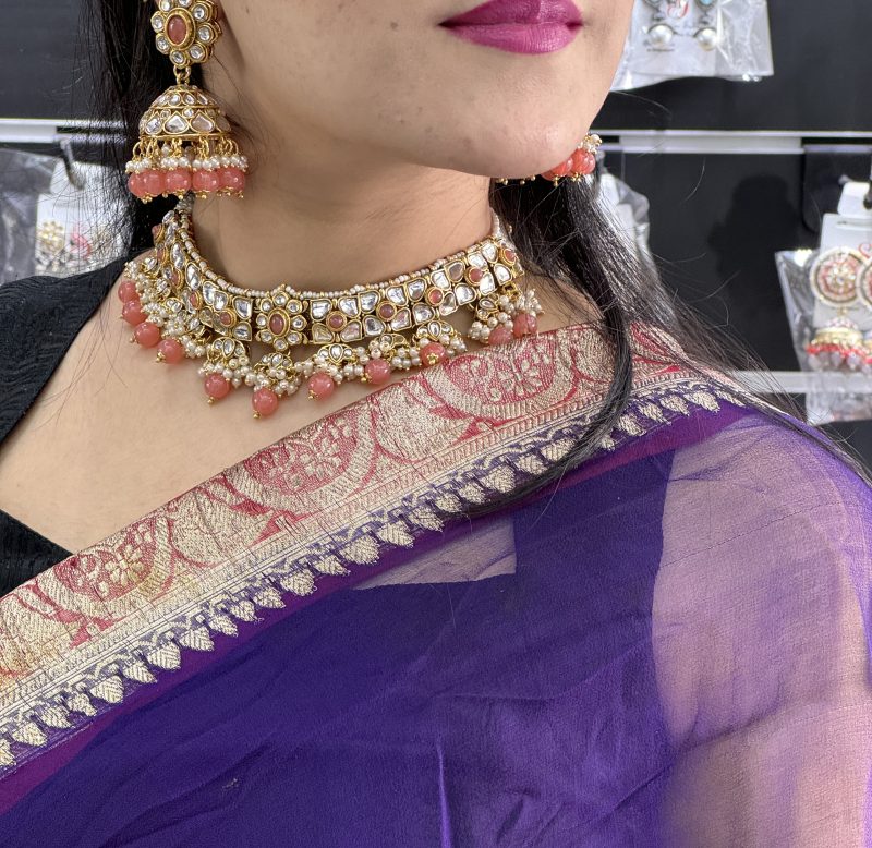 Coral Golden Vanya Kundan Combo Set