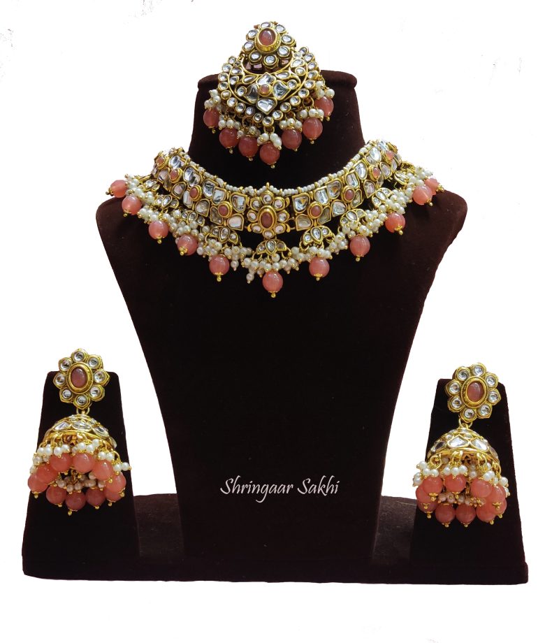 Coral Golden Vanya Kundan Combo Set - Image 4