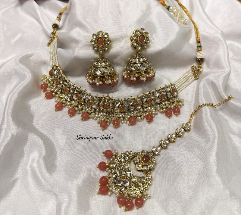 Coral Golden Vanya Kundan Combo Set - Image 6