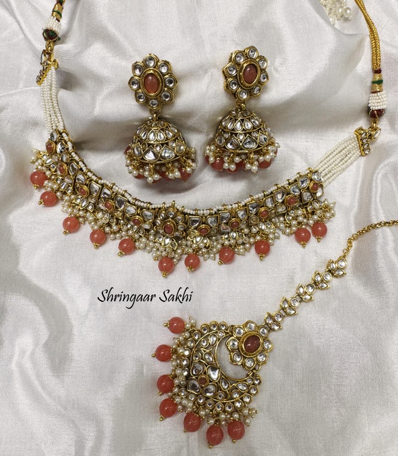 Coral Golden Vanya Kundan Combo Set - Image 7