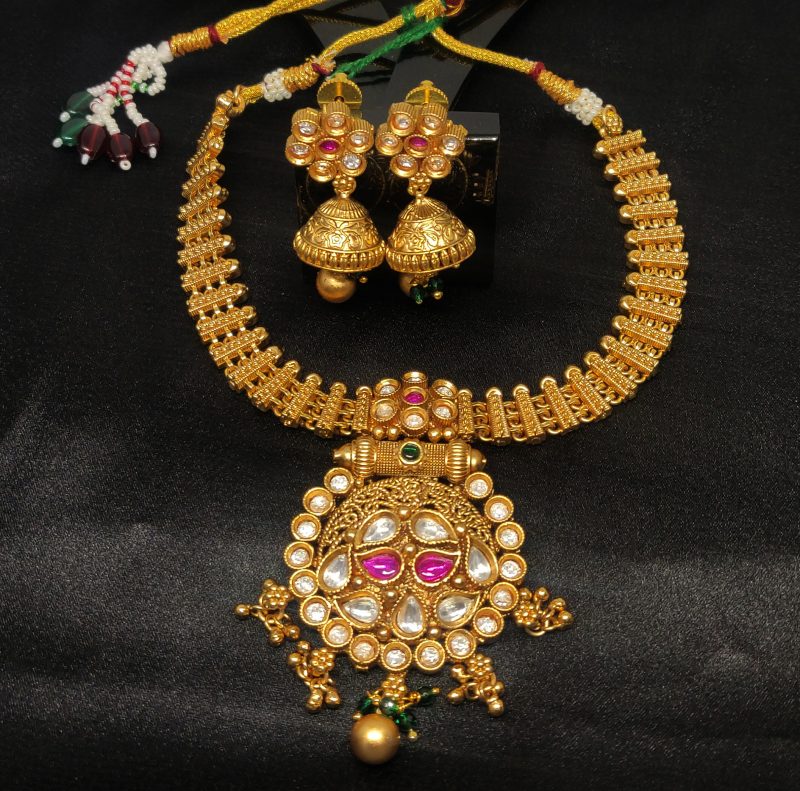 Golden Ruby Silver Stone Work Matte Finish Choker Set