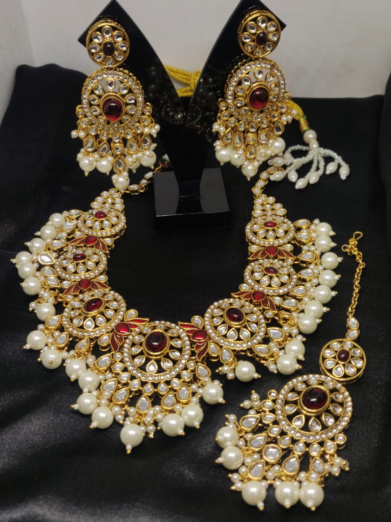 Golden Maroon Kundan Combo Set
