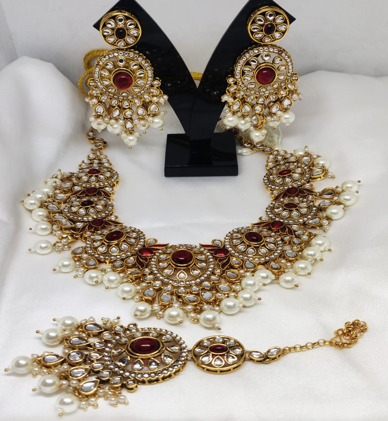Golden Maroon Kundan Combo Set - Image 4