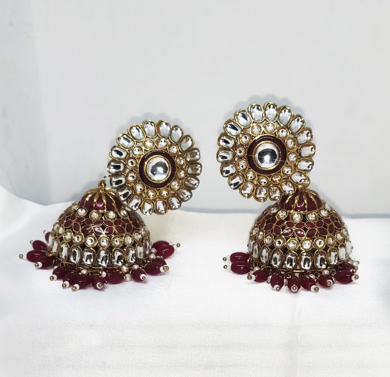 Golden Maroon Kundan Jhumki - Image 2