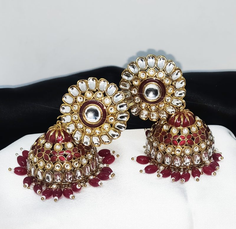 Golden Maroon Kundan Jhumki - Image 3