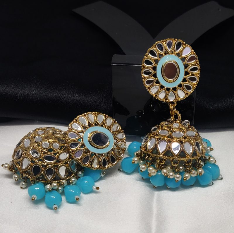 Golden Sky Blue Mirror Jhumki - Image 3