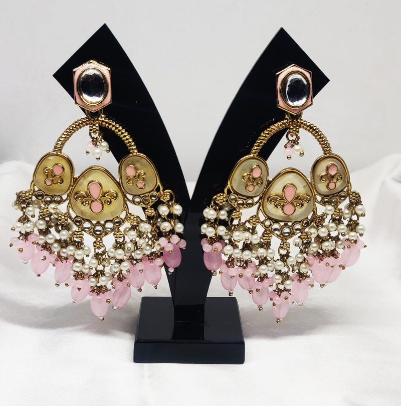 Golden Baby Pink Chandbali Earring - Image 2