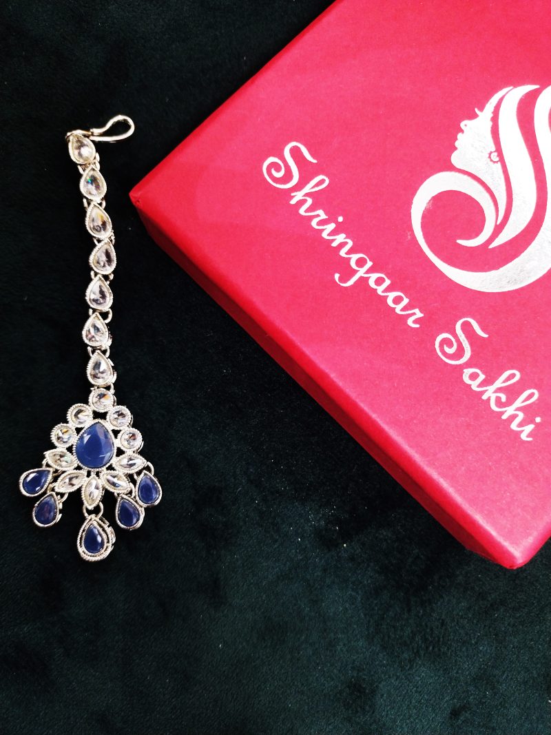 Blue Silver Prisha Kundan Maang Tikka - Image 2