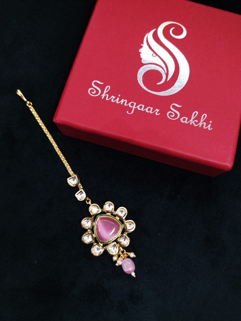 Pink Kundan Yasmin Maang Tikka - Image 2