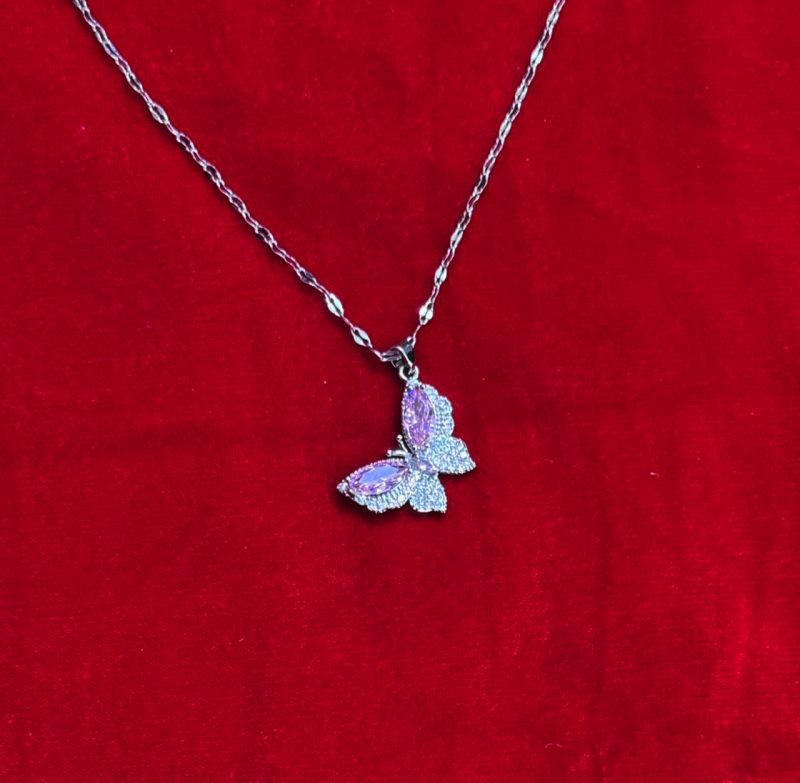 Pink Silver AD Butterfly Pendant Chain