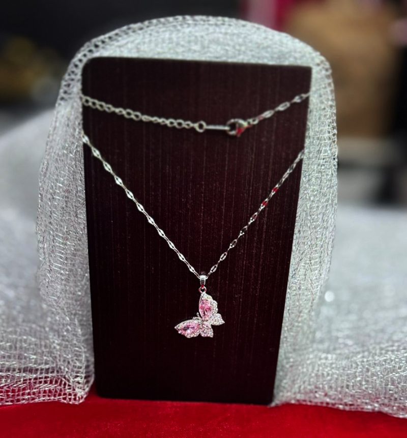 Pink Silver AD Butterfly Pendant Chain - Image 4